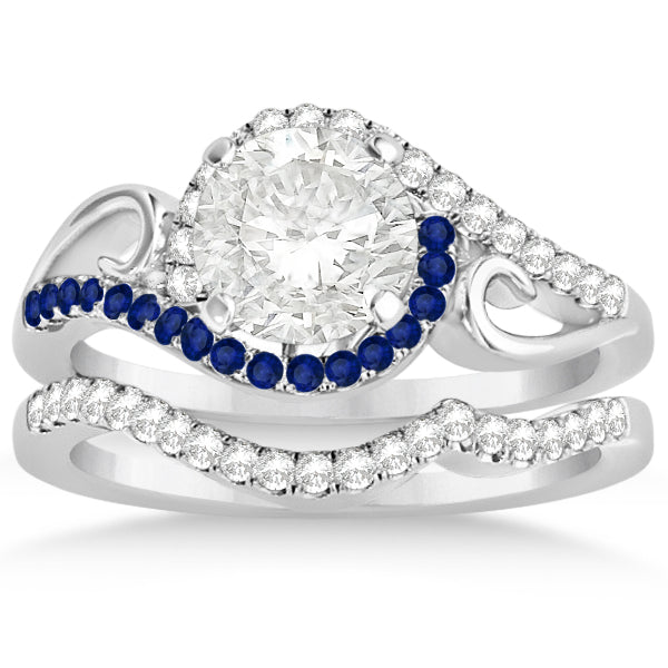 Swirl Bypass Diamond & Blue Sapphire Bridal Set 18k White Gold (0.36ct)