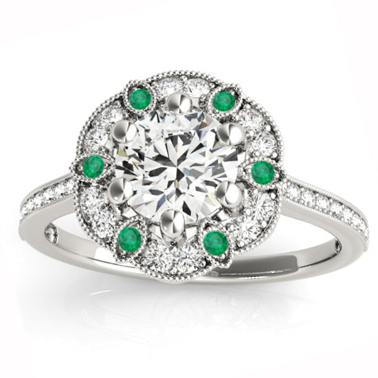 Emerald & Diamond Floral Engagement Ring 14K White Gold (0.23ct)