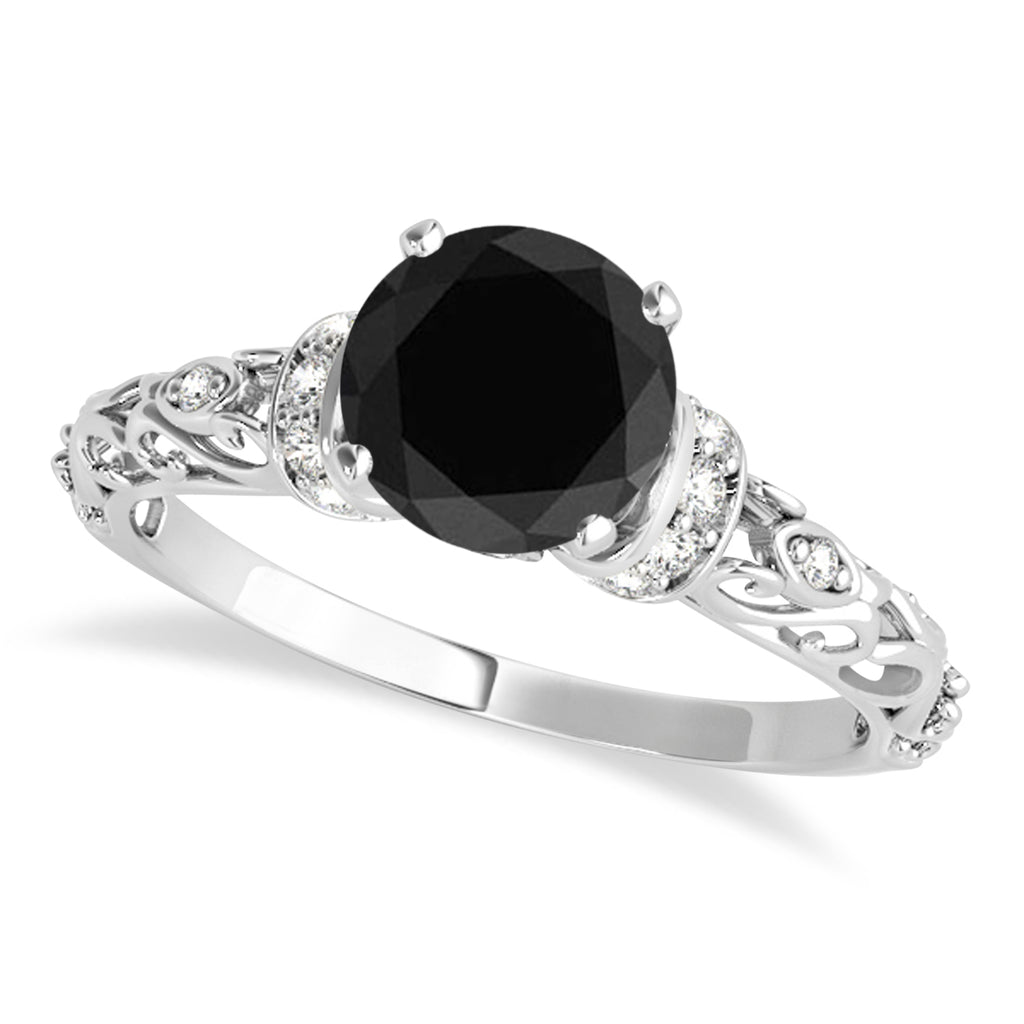 Black Diamond & Diamond Antique Style Engagement Ring 14k White Gold (0.87ct)