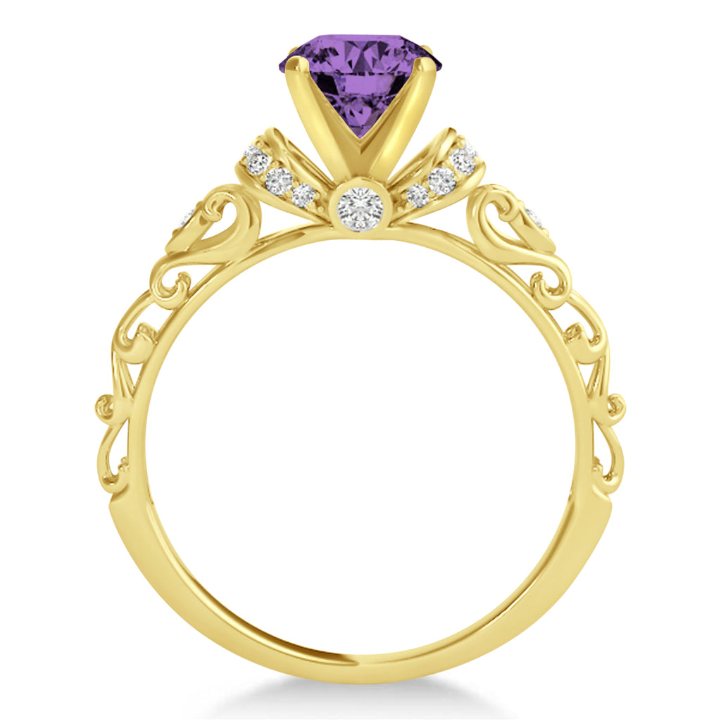 Amethyst & Diamond Antique Style Engagement Ring 18k Yellow Gold .87ct