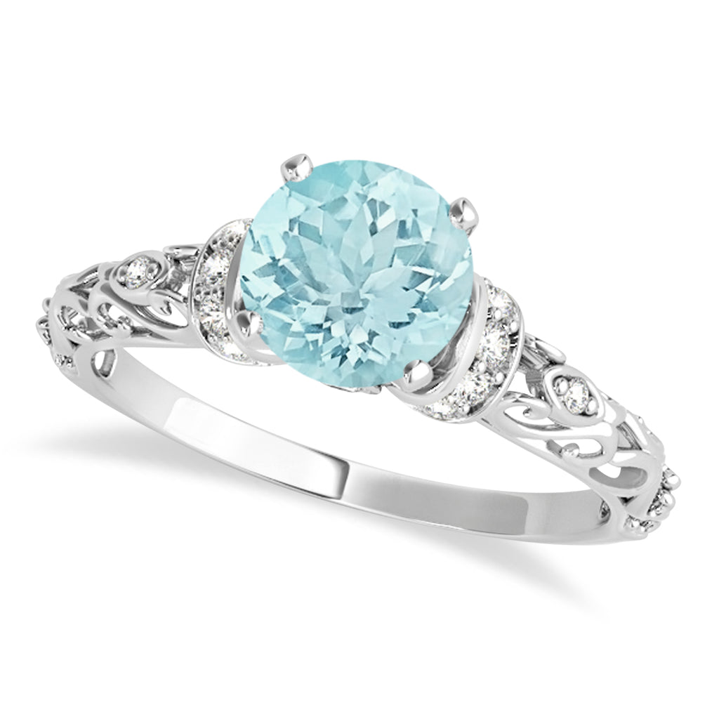 Aquamarine & Diamond Antique Style Engagement Ring 18k White Gold (1.12ct)