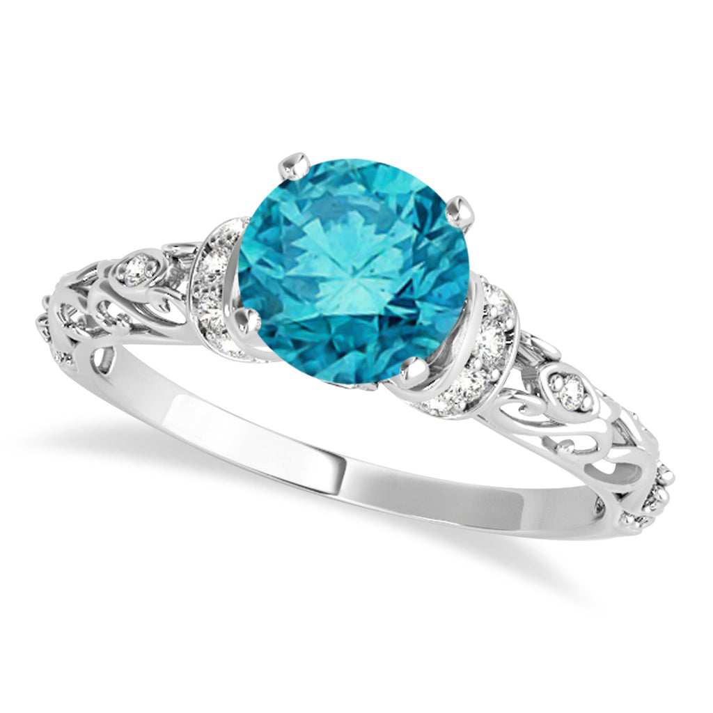 Blue Diamond & Diamond Antique Style Engagement Ring 14k White Gold (1.12ct)
