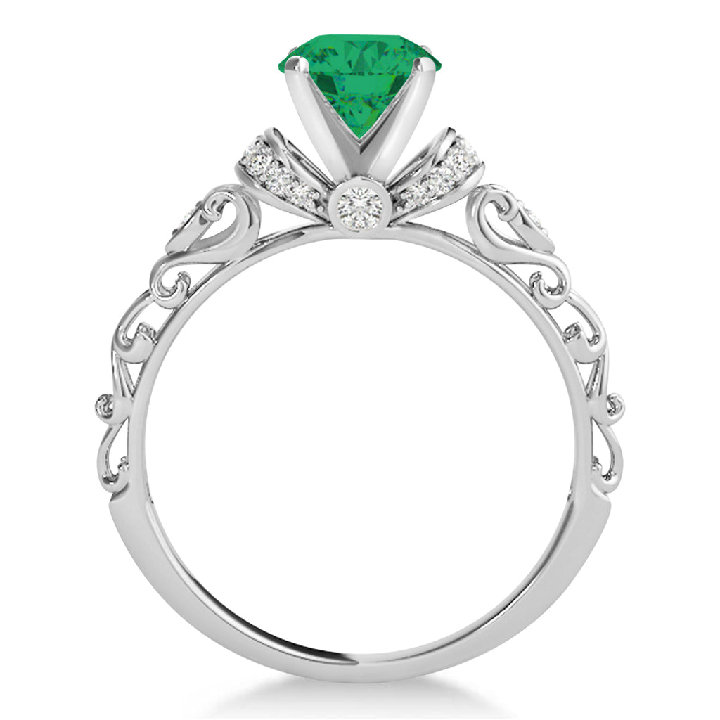 Emerald & Diamond Antique Style Engagement Ring 18k White Gold (1.12ct)