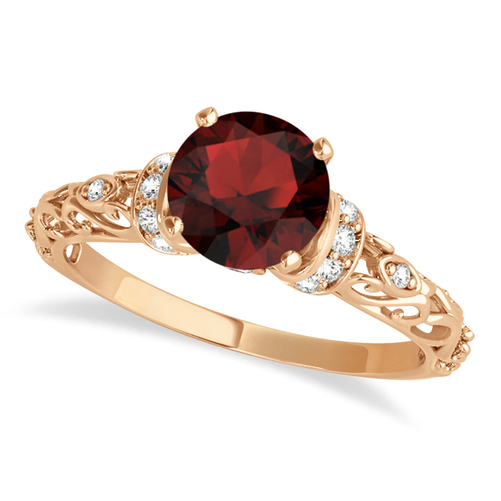 Garnet & Diamond Antique Style Engagement Ring 18k Rose Gold (0.87ct)