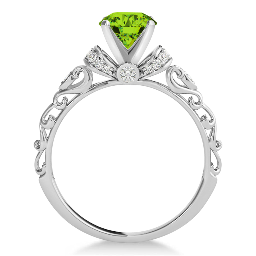 Peridot & Diamond Antique Style Engagement Ring 14k White Gold (0.87ct)