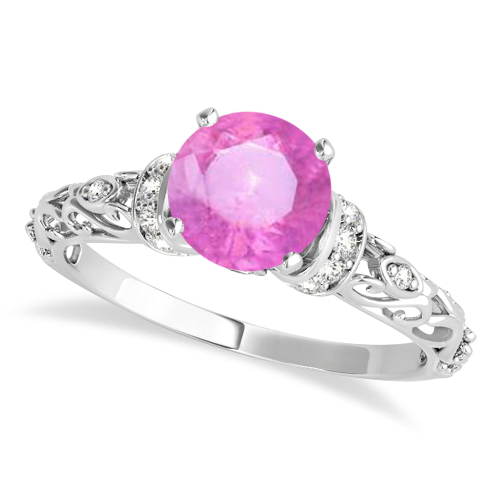 Pink Sapphire & Diamond Antique Style Engagement Ring 18k White Gold (1.62ct)