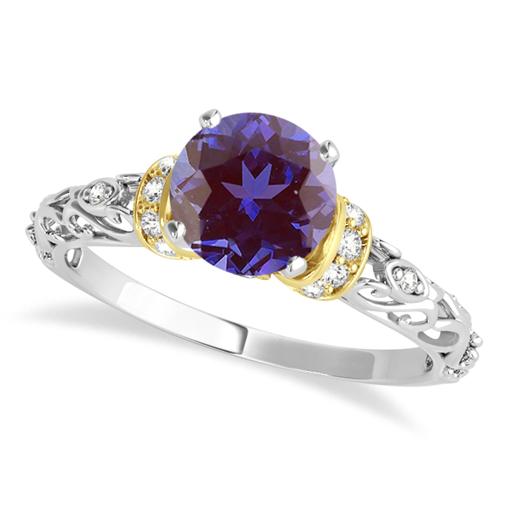 Lab Alexandrite & Diamond Antique Style Bridal Set 18k Two-Tone Gold (1.12ct)