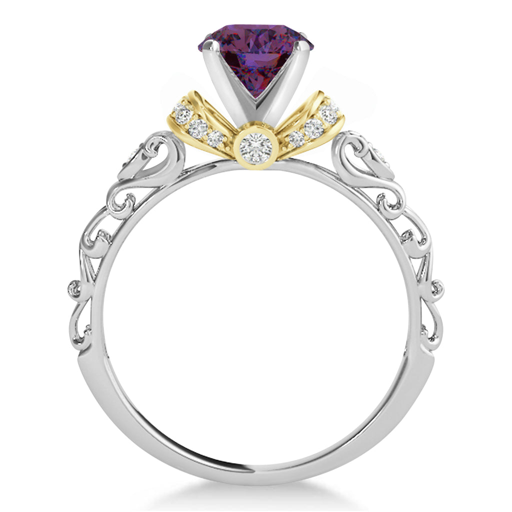 Lab Alexandrite & Diamond Antique Style Bridal Set 18k Two-Tone Gold (1.12ct)