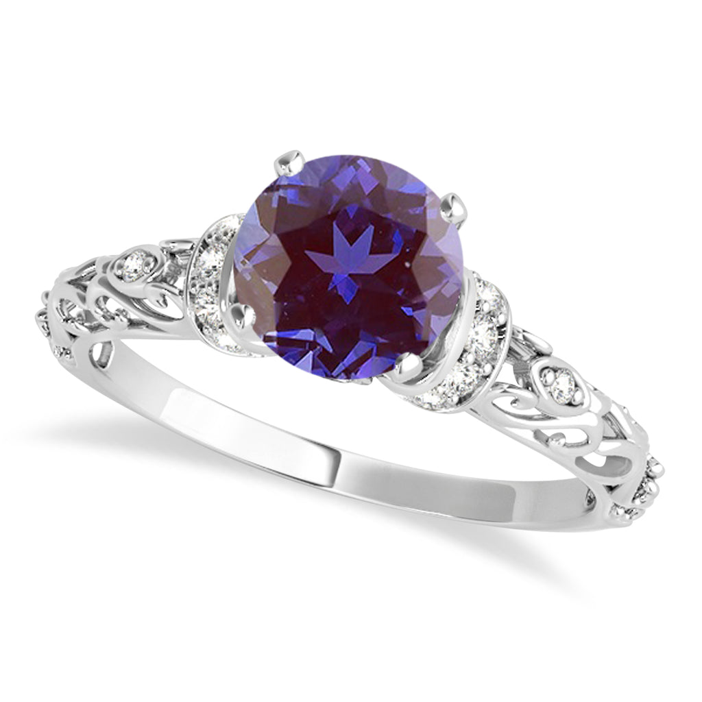 Lab Aleandrite & Diamond Antique Style Bridal Set 18k White Gold (1.62ct)