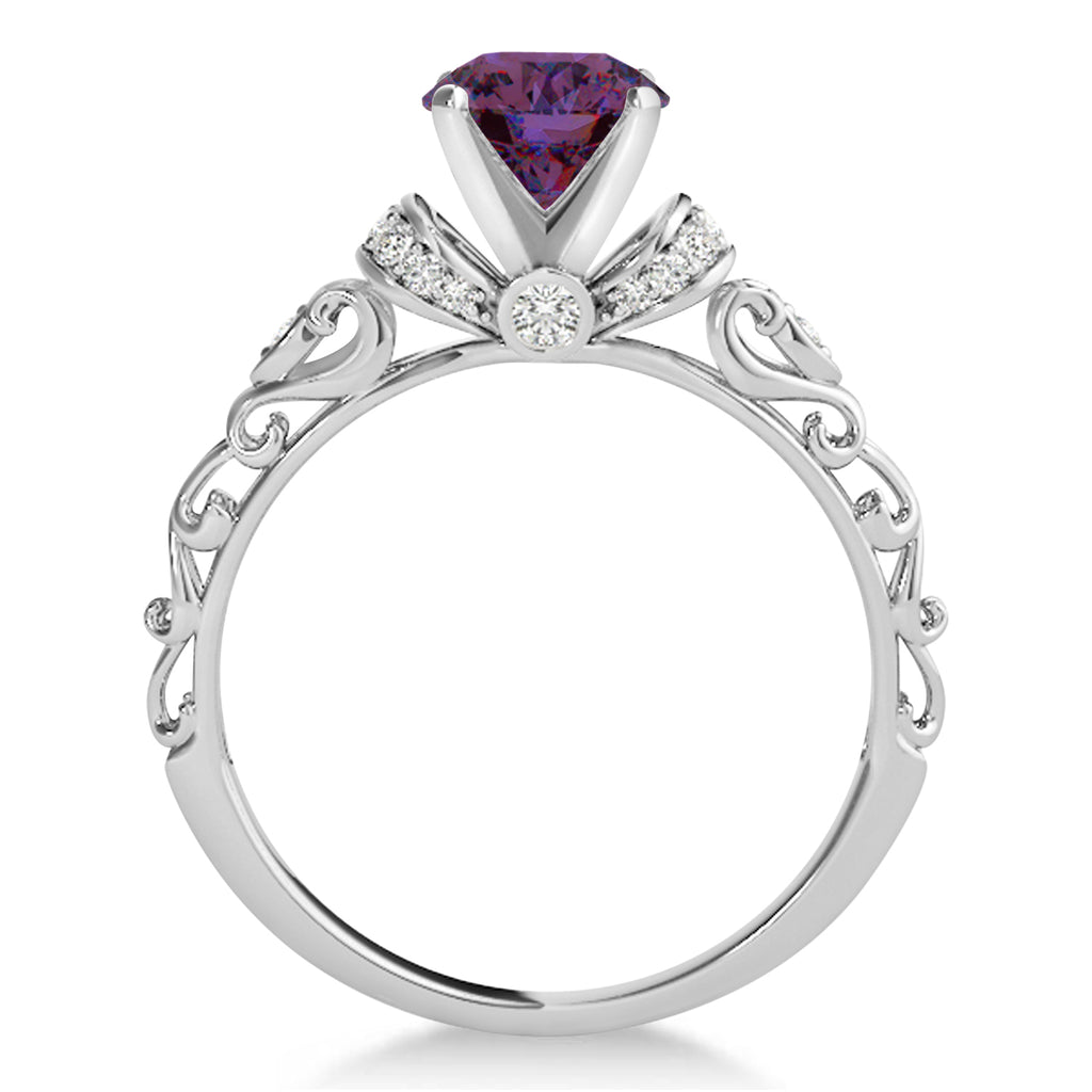 Lab Aleandrite & Diamond Antique Style Bridal Set 18k White Gold (1.62ct)