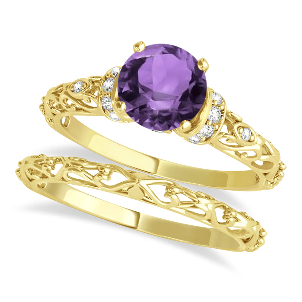 Amethyst & Diamond Antique Bridal Set 18k Yellow Gold (1.62ct)