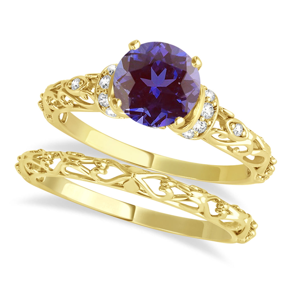 Alexandrite & Diamond Antique Bridal Set 18k Yellow Gold (1.62ct)