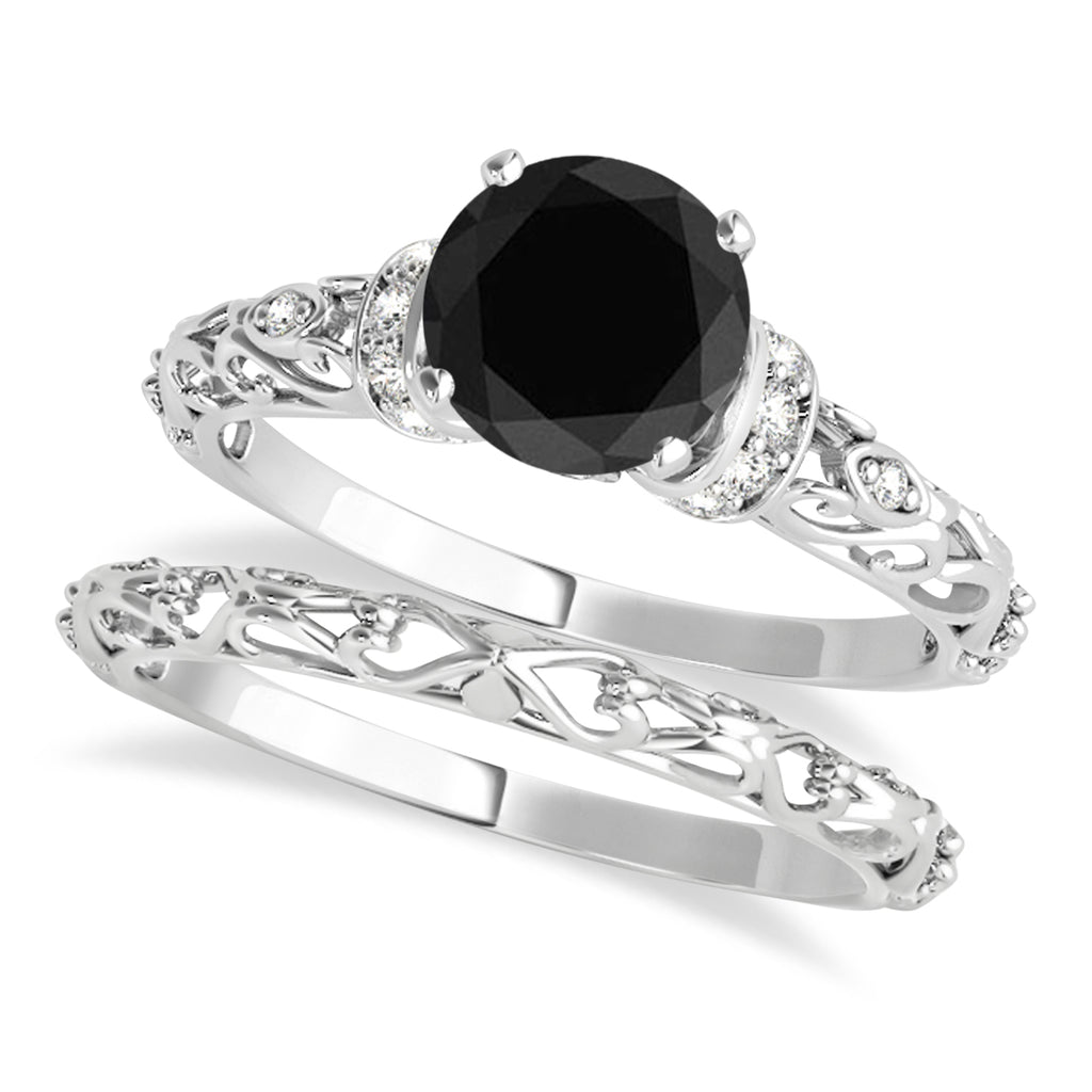 Black Diamond & Diamond Antique Style Bridal Set 18k White Gold (1.12ct)