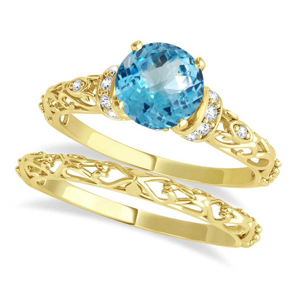 Blue Topaz & Diamond Antique Bridal Set 18k Yellow Gold (1.62ct)