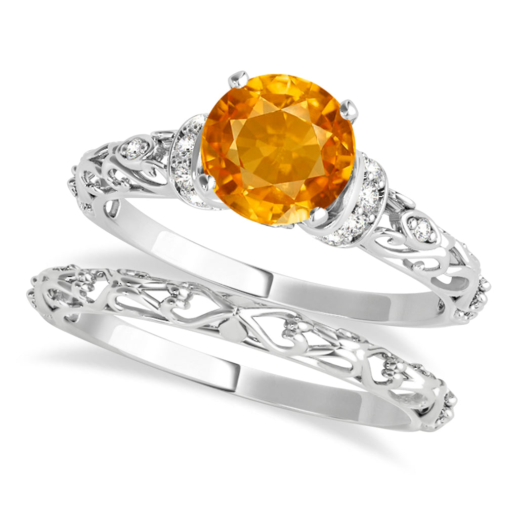 Citrine & Diamond Antique Style Bridal Set Platinum (1.62ct)