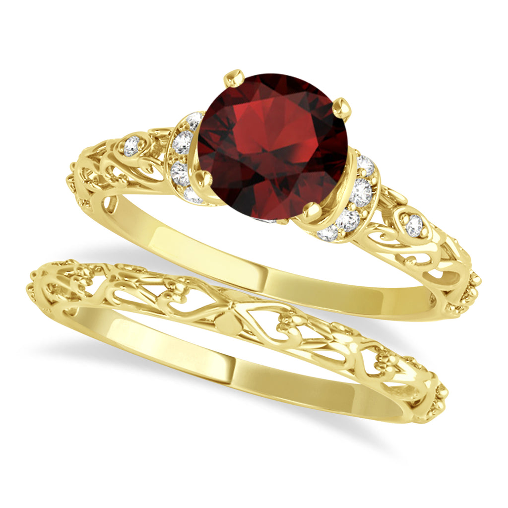 Garnet & Diamond Antique Style Bridal Set 18k Yellow Gold (0.87ct)