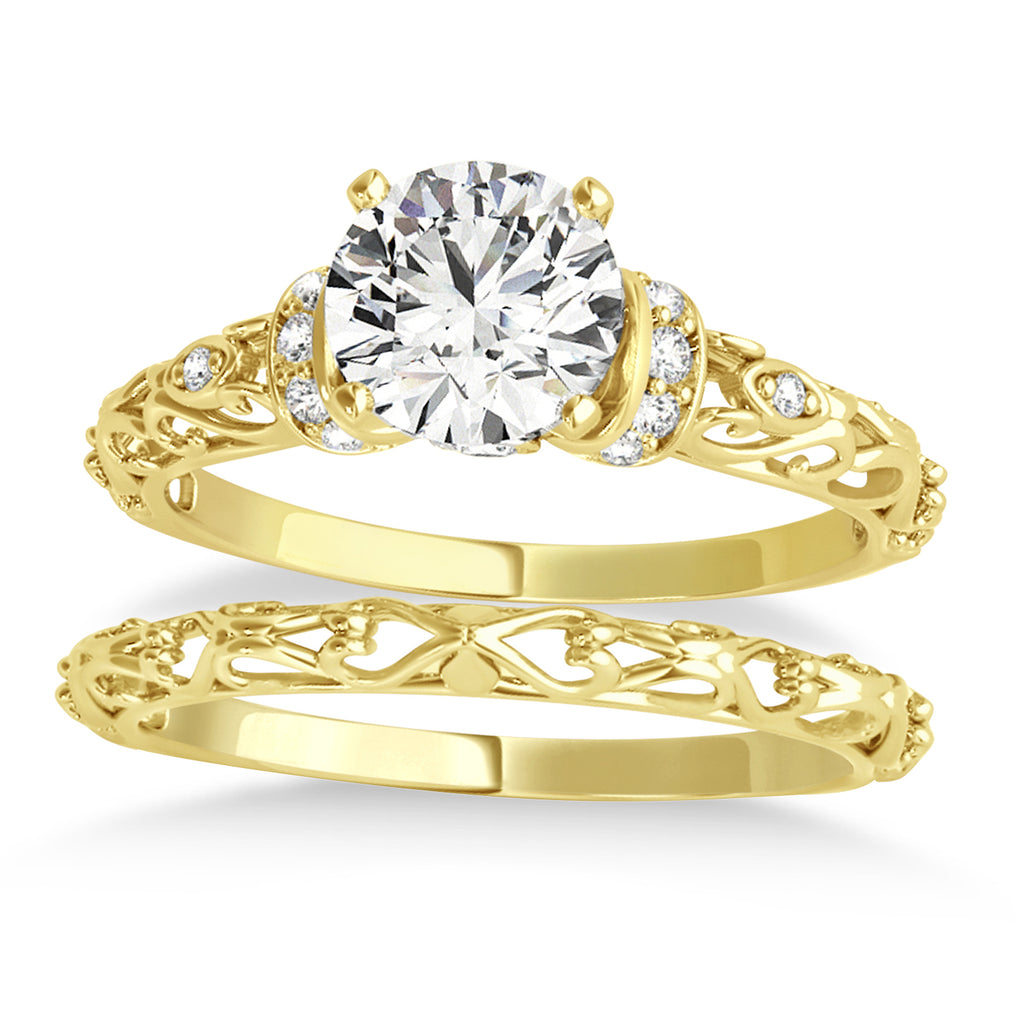 Lab Diamond Antique Style Bridal Set Setting 18k Yellow Gold (0.12ct)