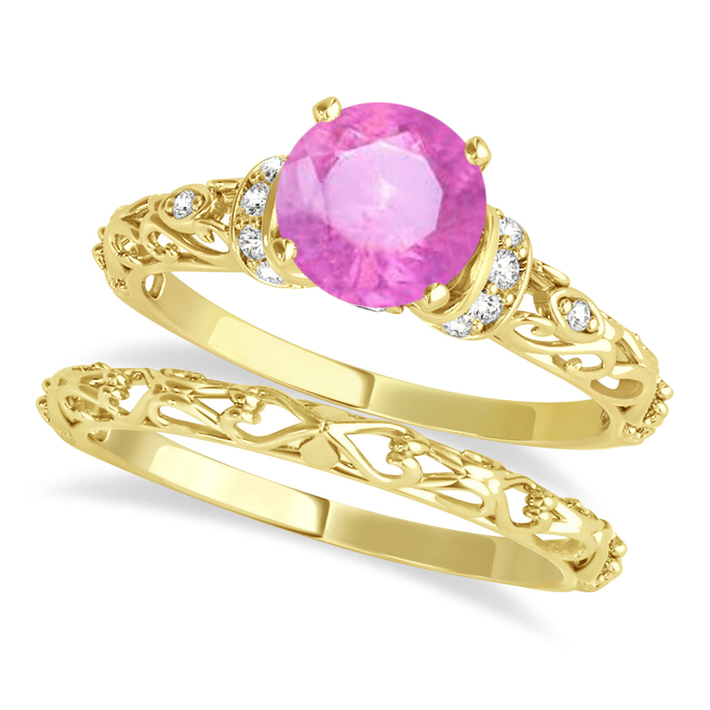 Pink Sapphire & Diamond Antique Bridal Set 18k Yellow Gold 0.87ct