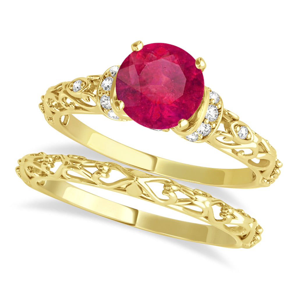 Ruby & Diamond Antique Style Bridal Set 14k Yellow Gold (1.12ct)
