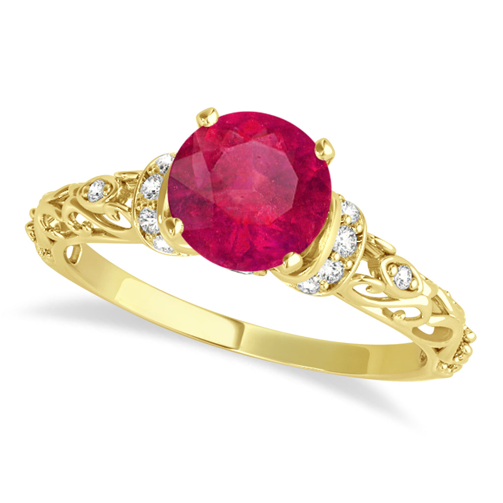 Ruby & Diamond Antique Style Bridal Set 14k Yellow Gold (1.12ct)