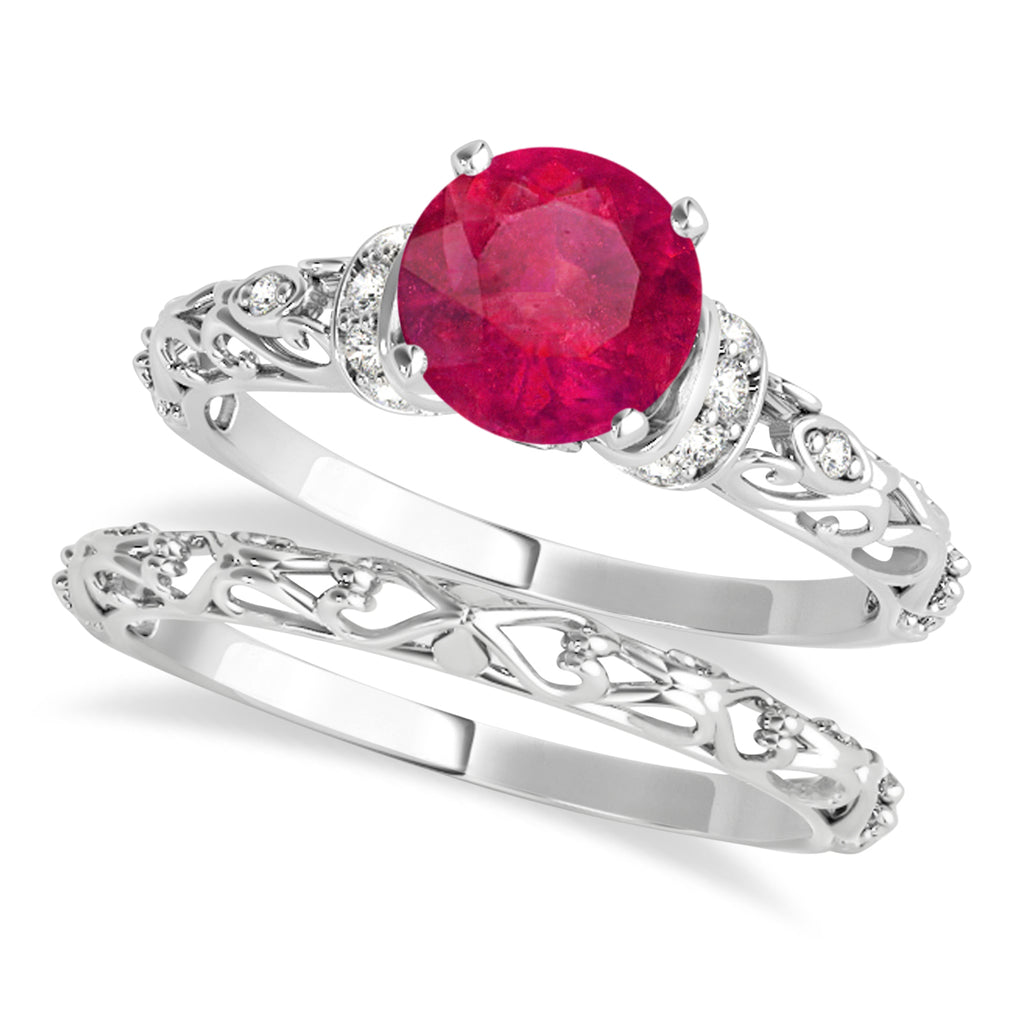 Ruby & Diamond Antique Style Bridal Set 18k White Gold (1.62ct)