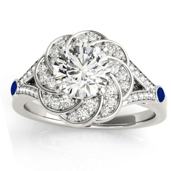 Diamond & Blue Sapphire Floral Engagement Ring Setting 18k White Gold (0.25ct)