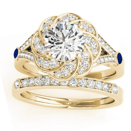 Diamond & Blue Sapphire Floral Bridal Set Setting 18k Yellow Gold (0.35ct)