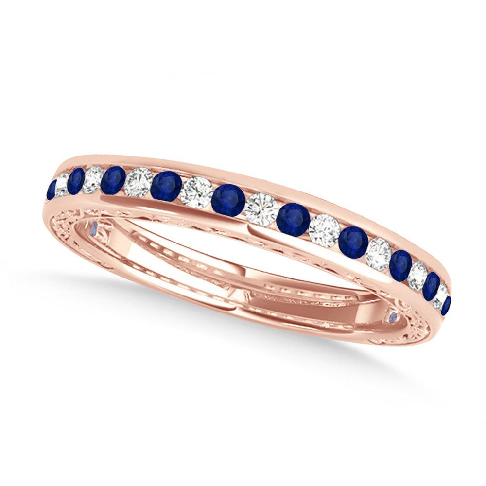 Diamond and Blue Sapphire Channel Set Wedding Band 18k Rose Gold (0.45ct)