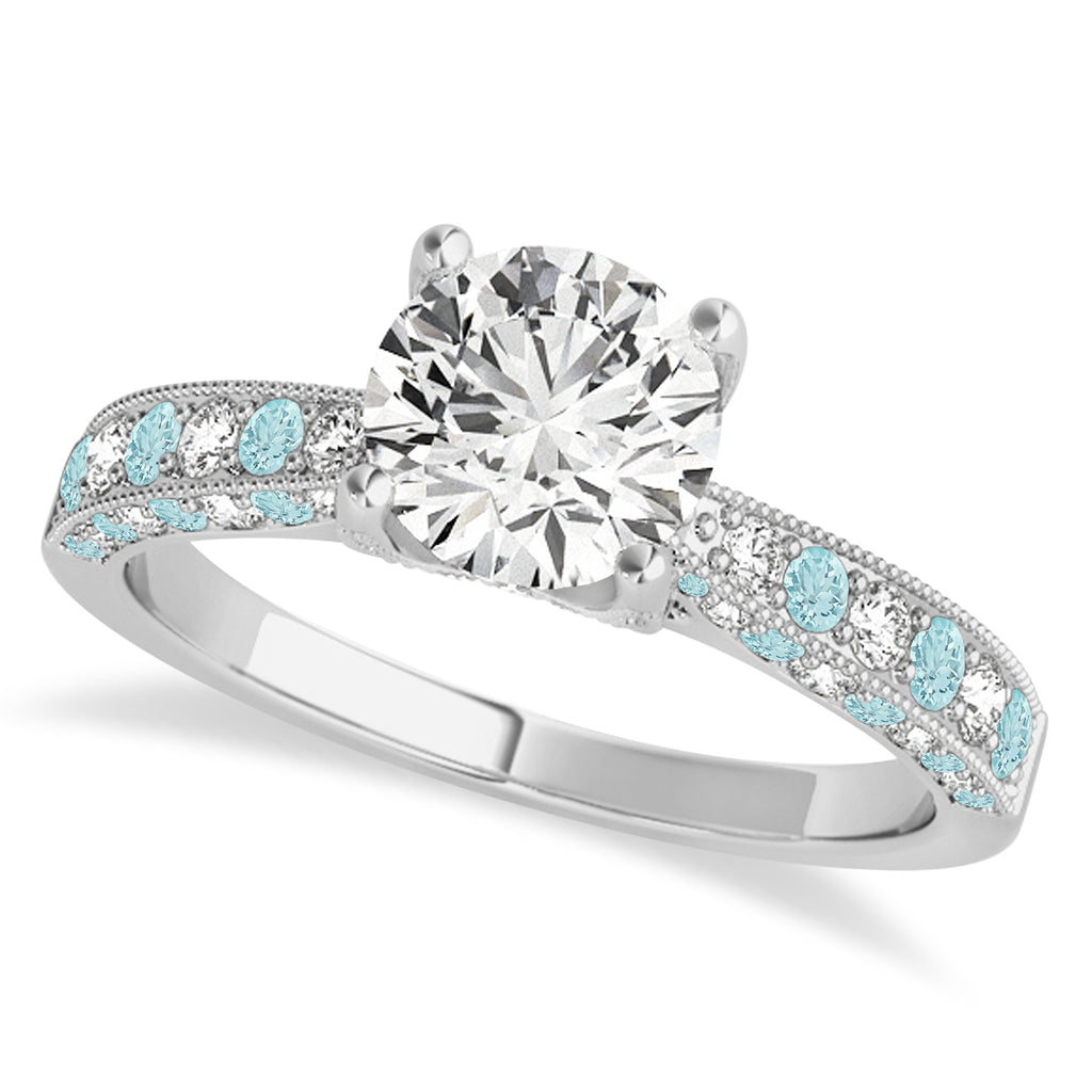 Alternating Diamond & Aquamarine Engravable Engagement Ring in 14k White Gold (0.45ct)