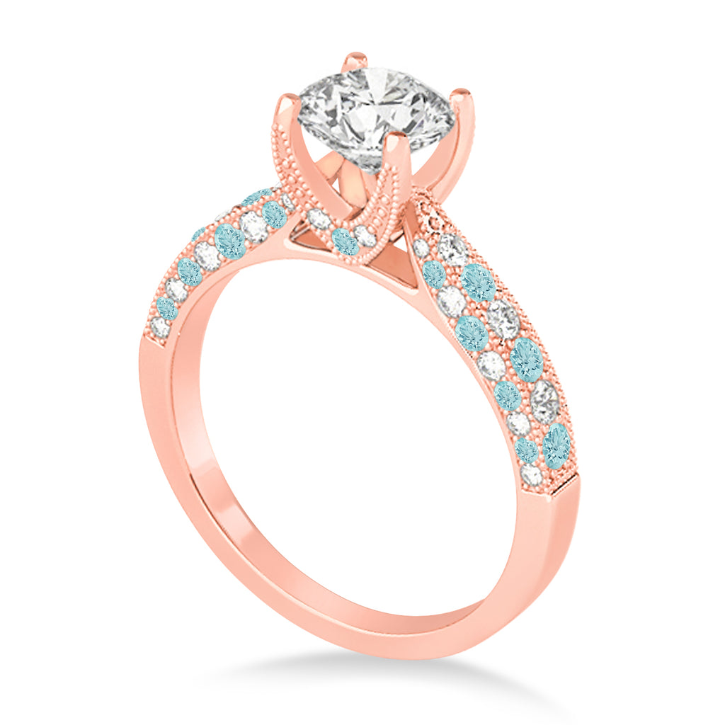 Alternating Diamond & Aquamarine Engravable Engagement Ring in 18k Rose Gold (0.45ct)