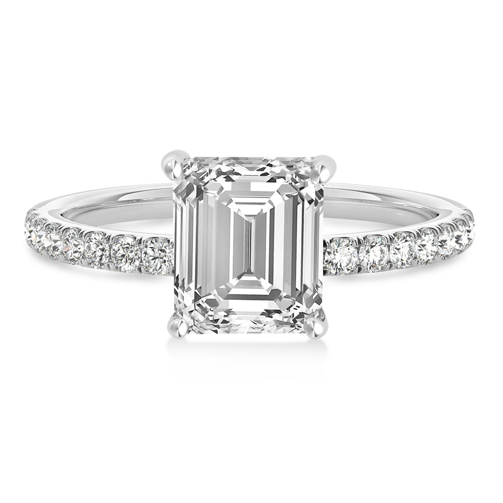 Emerald Diamond Single Row Hidden Halo Engagement Ring 18k White Gold (1.31ct)