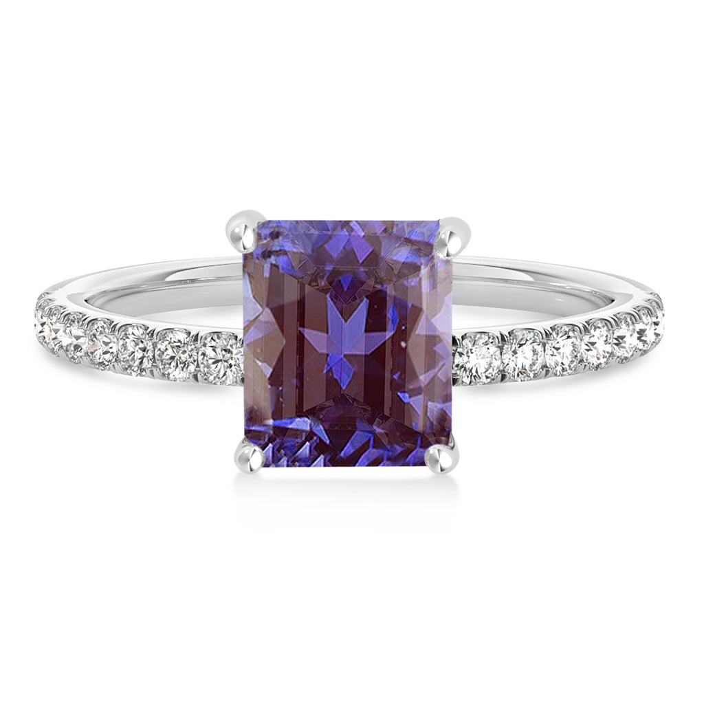 Emerald Alexandrite & Diamond Single Row Hidden Halo Engagement Ring 18k White Gold (1.31ct)