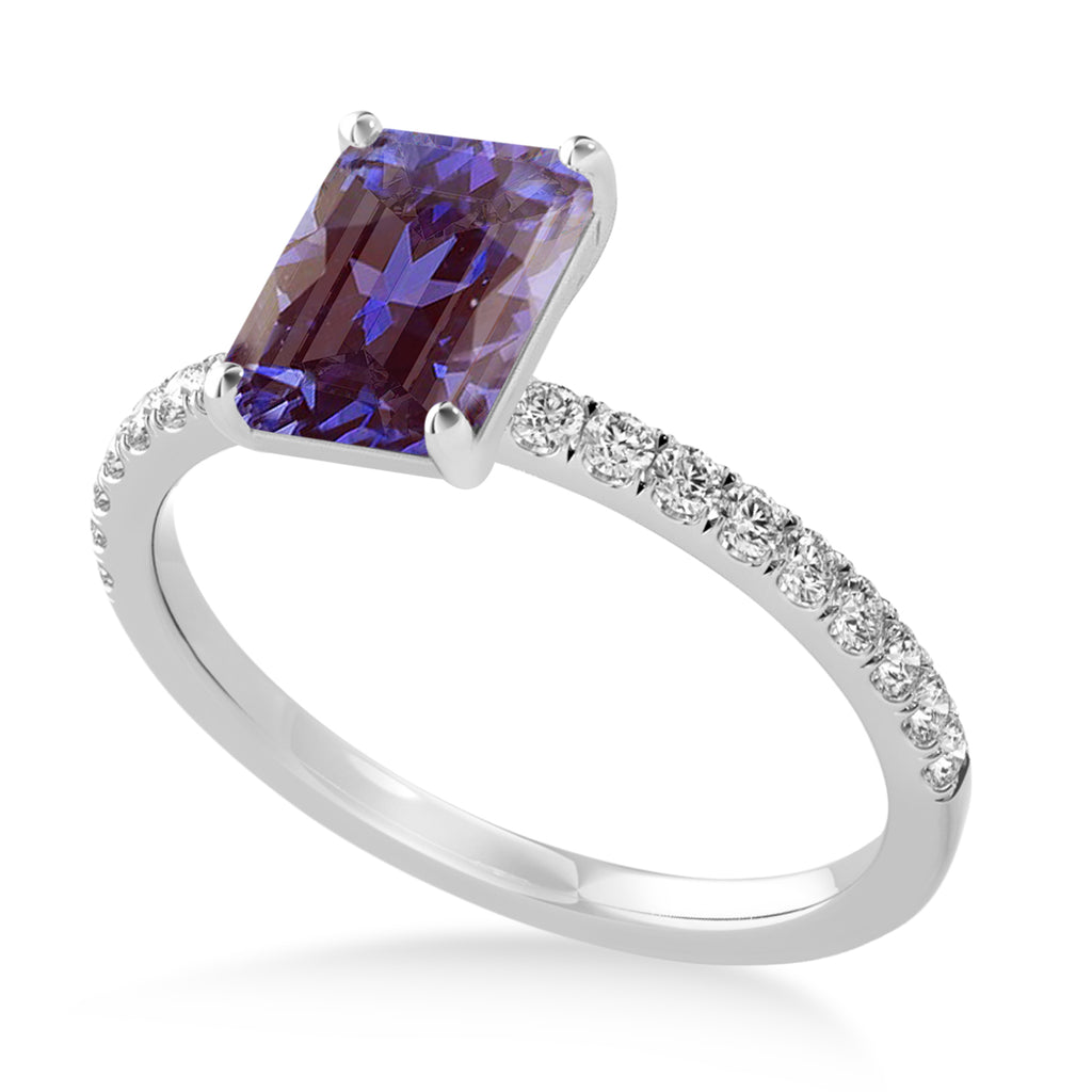 Emerald Alexandrite & Diamond Single Row Hidden Halo Engagement Ring 18k White Gold (1.31ct)