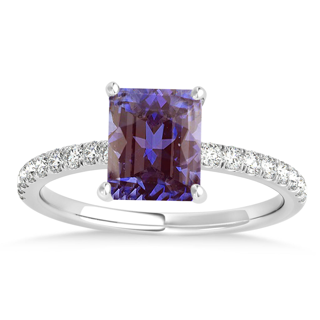 Emerald Alexandrite & Diamond Single Row Hidden Halo Engagement Ring 18k White Gold (1.31ct)