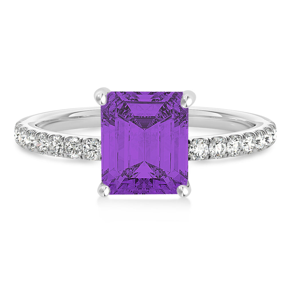 Emerald Amethyst & Diamond Single Row Hidden Halo Engagement Ring 14k White Gold (1.31ct)