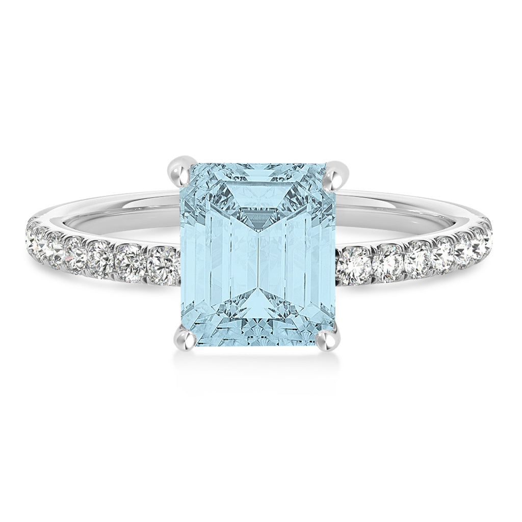 Emerald Aquamarine & Diamond Single Row Hidden Halo Engagement Ring 14k White Gold (1.31ct)