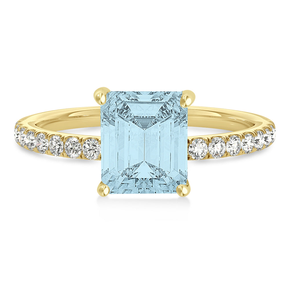 Emerald Aquamarine & Diamond Single Row Hidden Halo Engagement Ring 14k Yellow Gold (1.31ct)