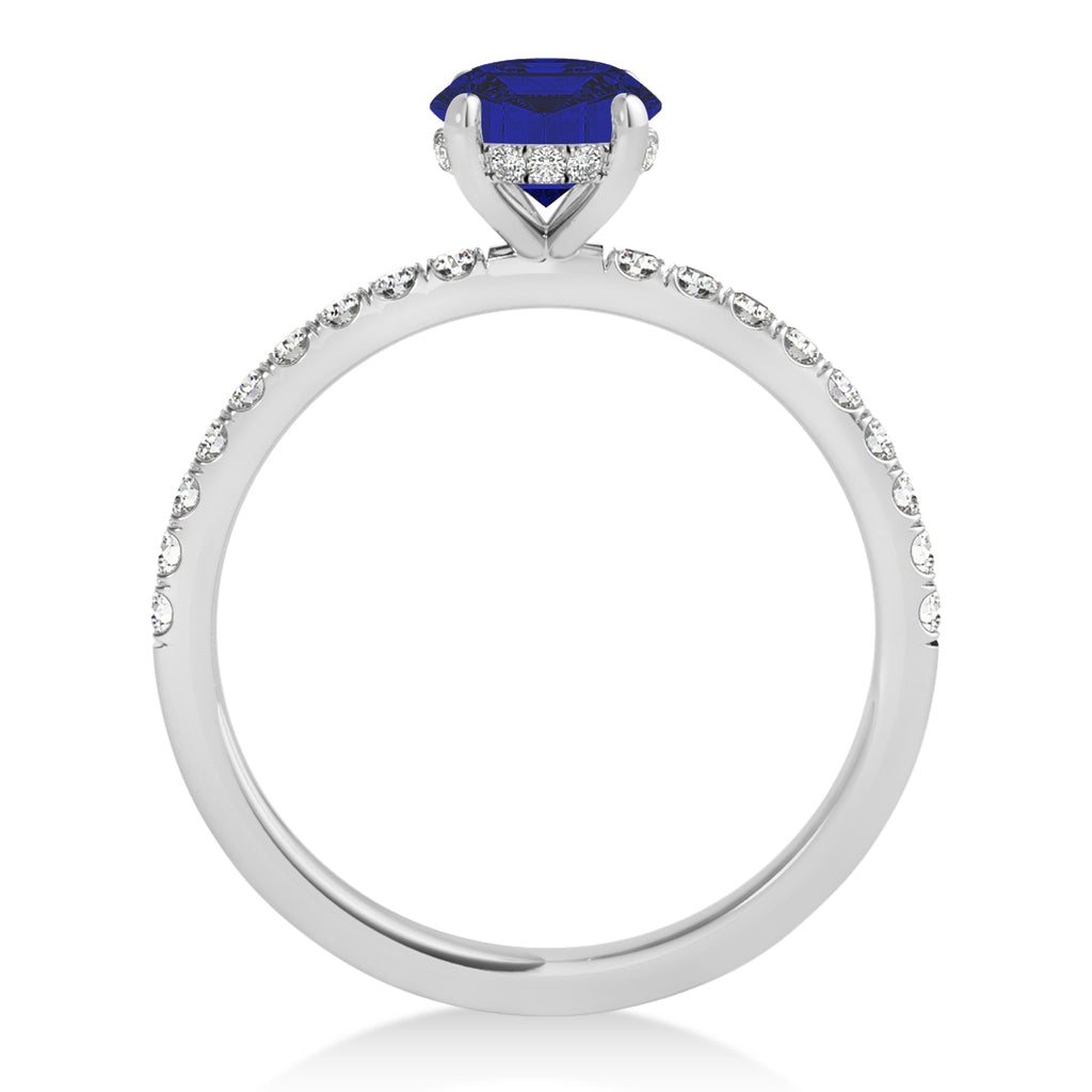 Emerald Blue Sapphire & Diamond Single Row Hidden Halo Engagement Ring 14k White Gold (1.31ct)