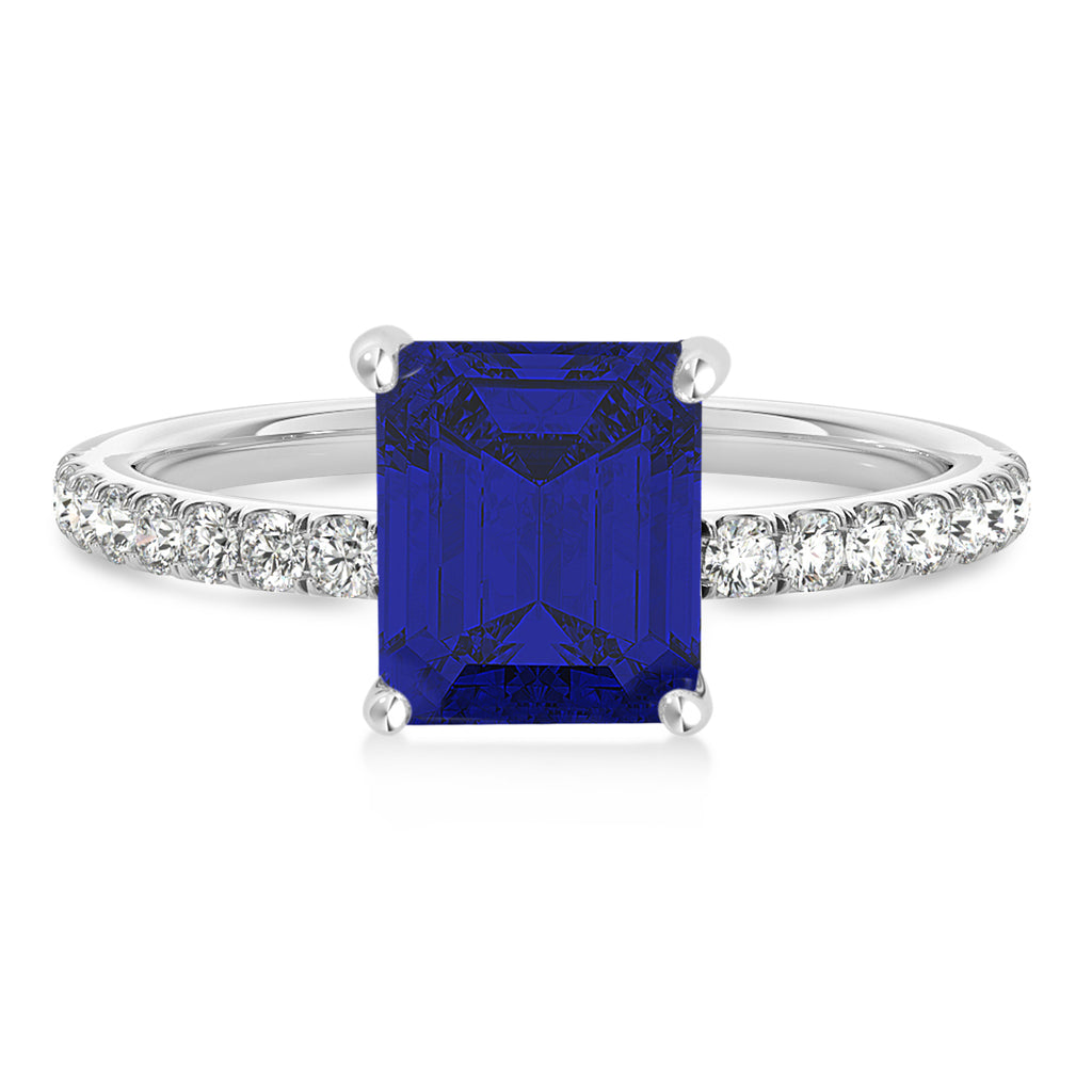 Emerald Blue Sapphire & Diamond Single Row Hidden Halo Engagement Ring 14k White Gold (1.31ct)
