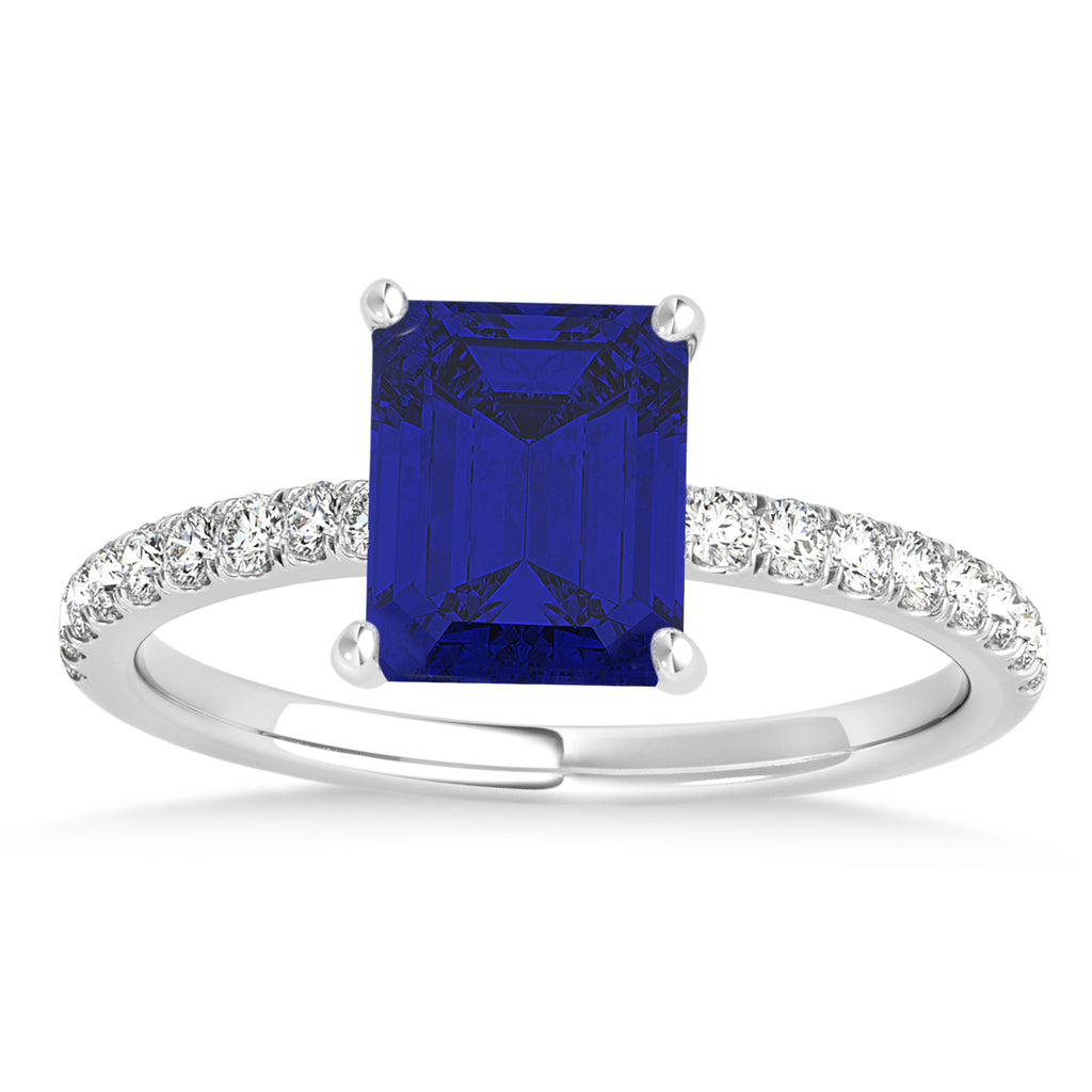 Emerald Blue Sapphire & Diamond Single Row Hidden Halo Engagement Ring 14k White Gold (1.31ct)