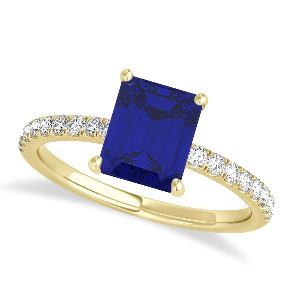 Emerald Blue Sapphire & Diamond Single Row Hidden Halo Engagement Ring 14k Yellow Gold (1.31ct)
