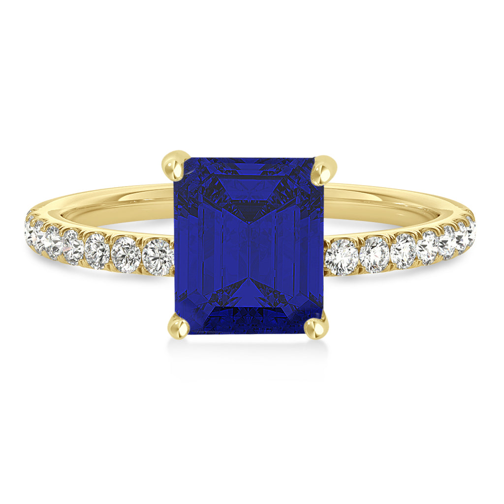 Emerald Blue Sapphire & Diamond Single Row Hidden Halo Engagement Ring 14k Yellow Gold (1.31ct)