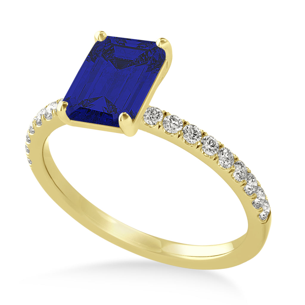 Emerald Blue Sapphire & Diamond Single Row Hidden Halo Engagement Ring 14k Yellow Gold (1.31ct)