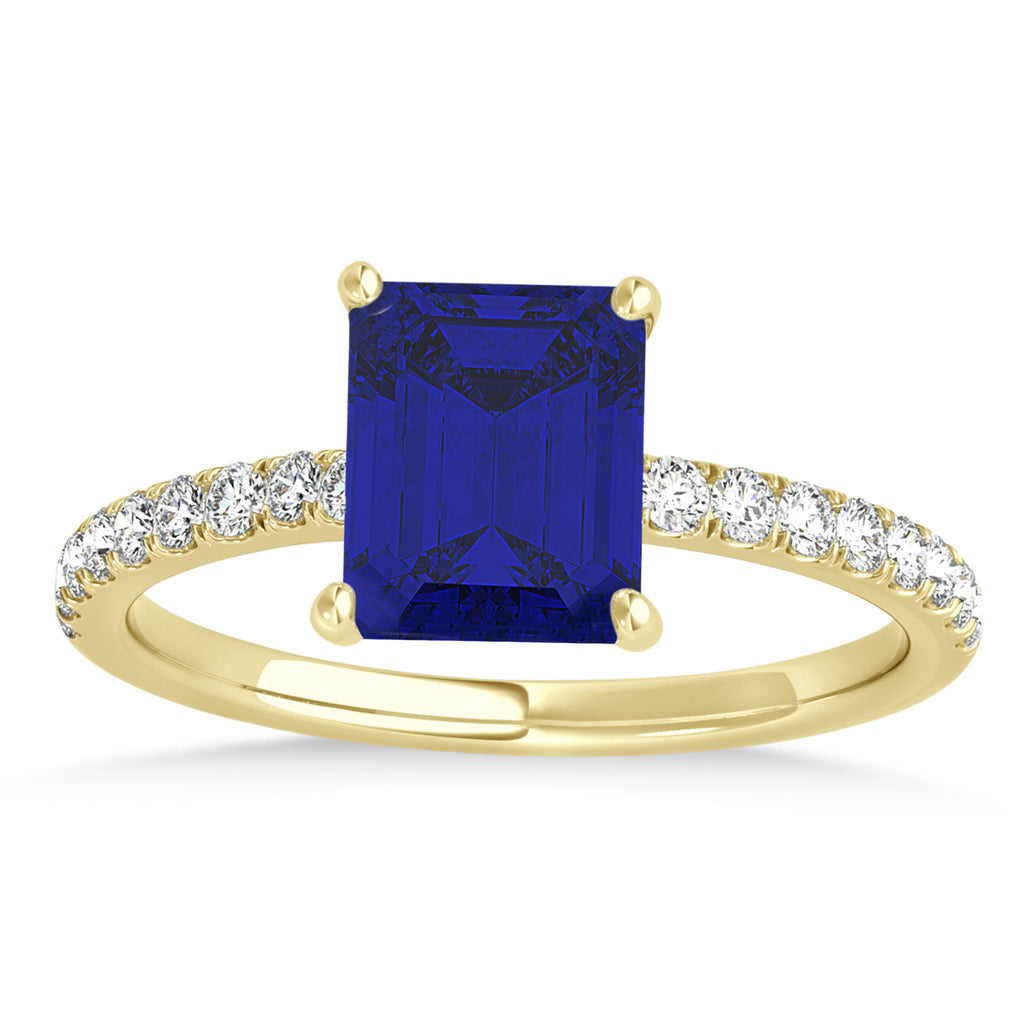Emerald Blue Sapphire & Diamond Single Row Hidden Halo Engagement Ring 14k Yellow Gold (1.31ct)
