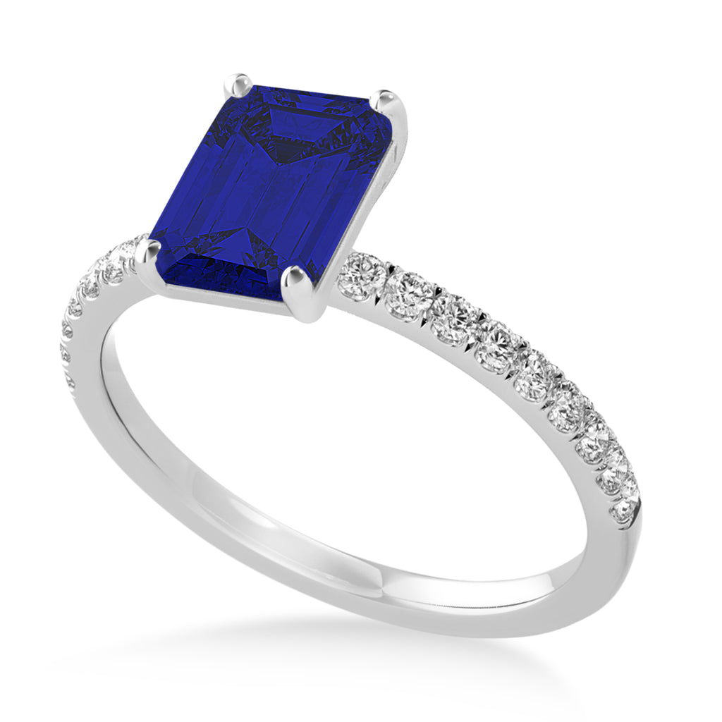 Emerald Blue Sapphire & Diamond Single Row Hidden Halo Engagement Ring 18k White Gold (1.31ct)