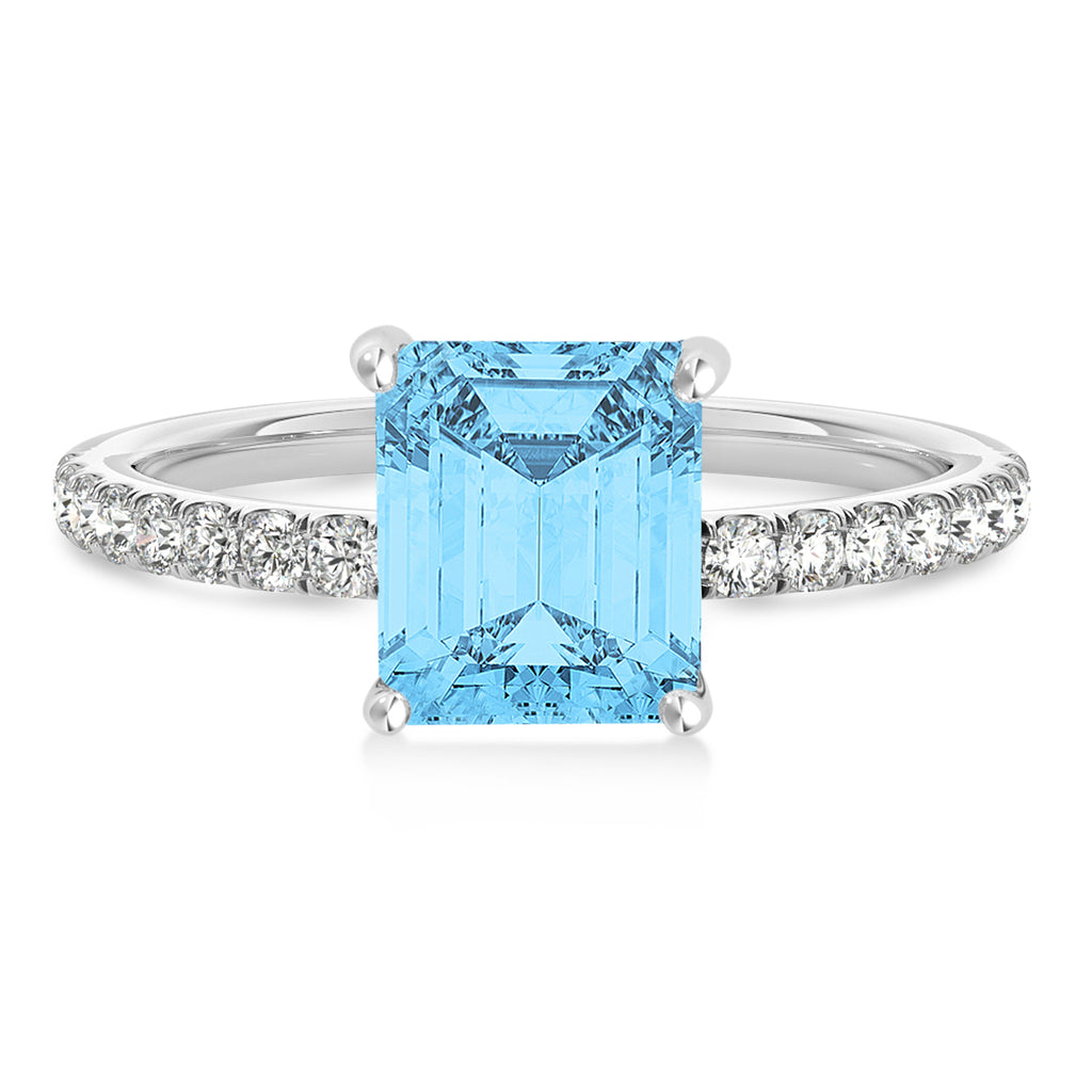 Emerald Blue Topaz & Diamond Single Row Hidden Halo Engagement Ring 14k White Gold (1.31ct)