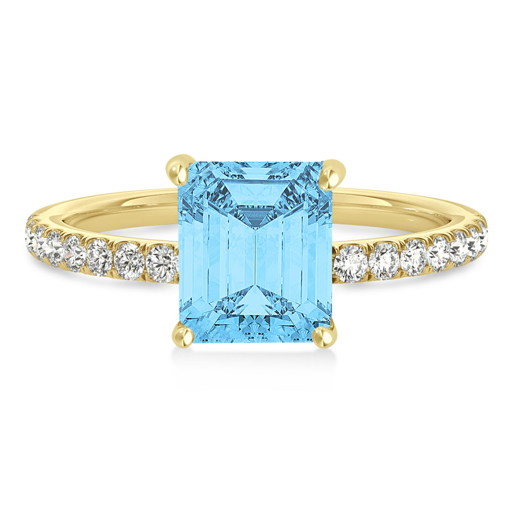 Emerald Blue Topaz & Diamond Single Row Hidden Halo Engagement Ring 14k Yellow Gold (1.31ct)