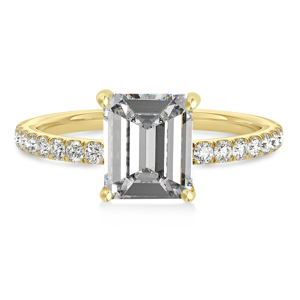 Emerald Moissanite & Diamond Single Row Hidden Halo Engagement Ring 14k Yellow Gold (1.31ct)