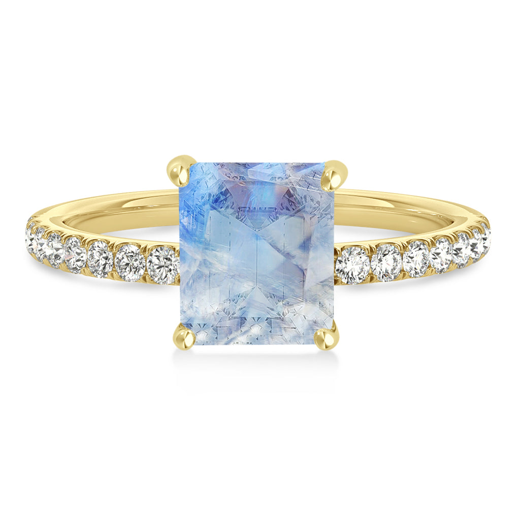 Emerald Moonstone & Diamond Single Row Hidden Halo Engagement Ring 14k Yellow Gold (1.31ct)