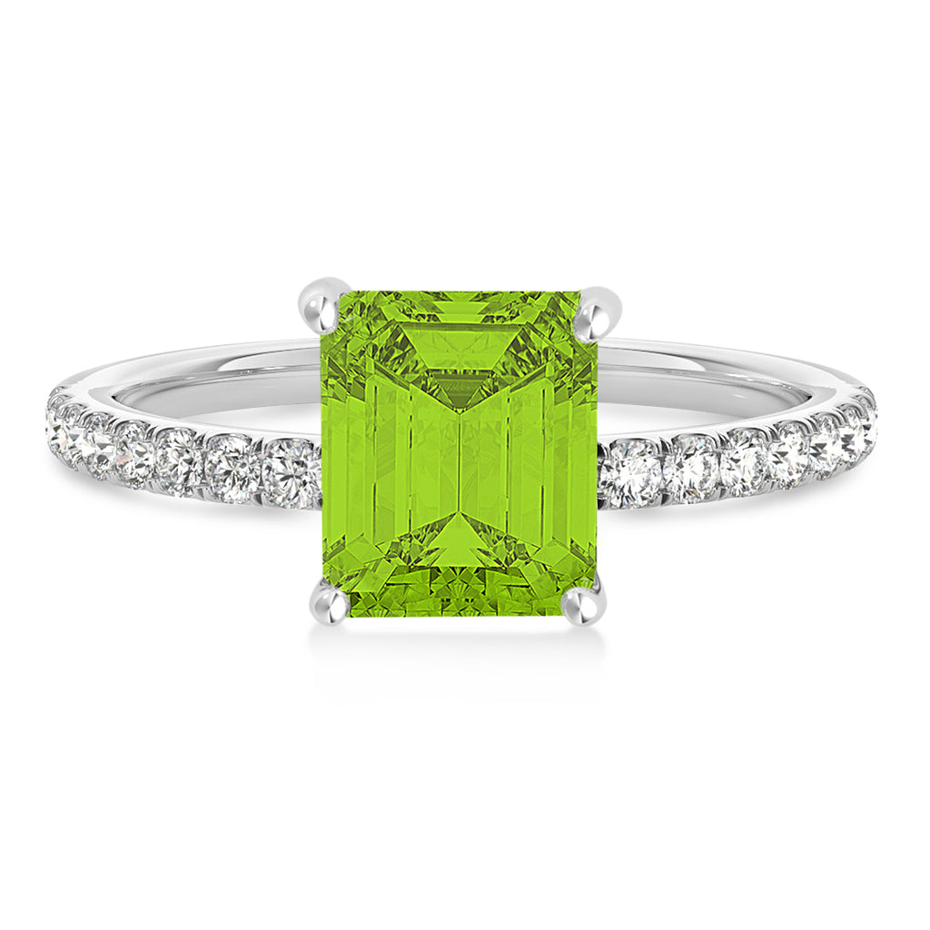 Emerald Peridot & Diamond Single Row Hidden Halo Engagement Ring 14k White Gold (1.31ct)